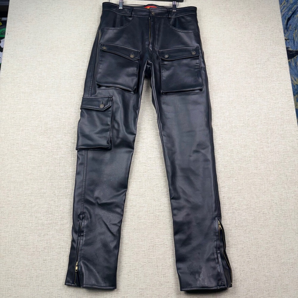 Good Enough Mens 32 Black Vegan Leather Cargo Pants Ankle Zip Straight Leg